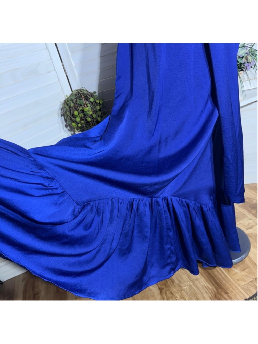 Minuet royal blue cocktail maxi dress fit flare ruched waist low sexy back sz L - Picture 7 of 14